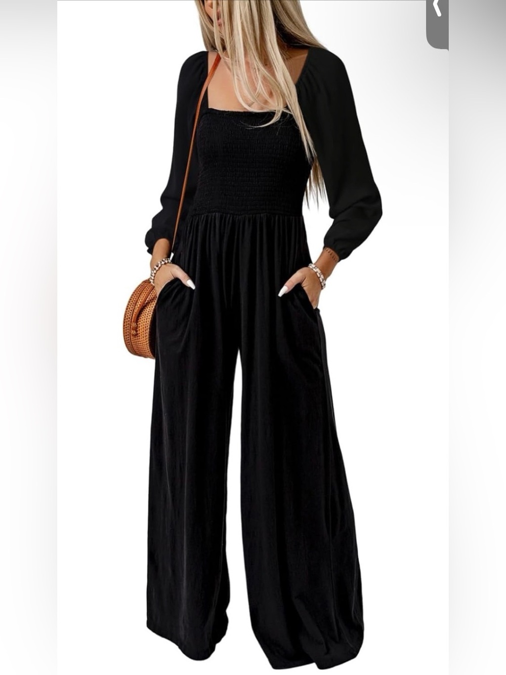 Lightweight Black Smocked Wide-Leg Jumpsuit. Sizes M&L available. NWT